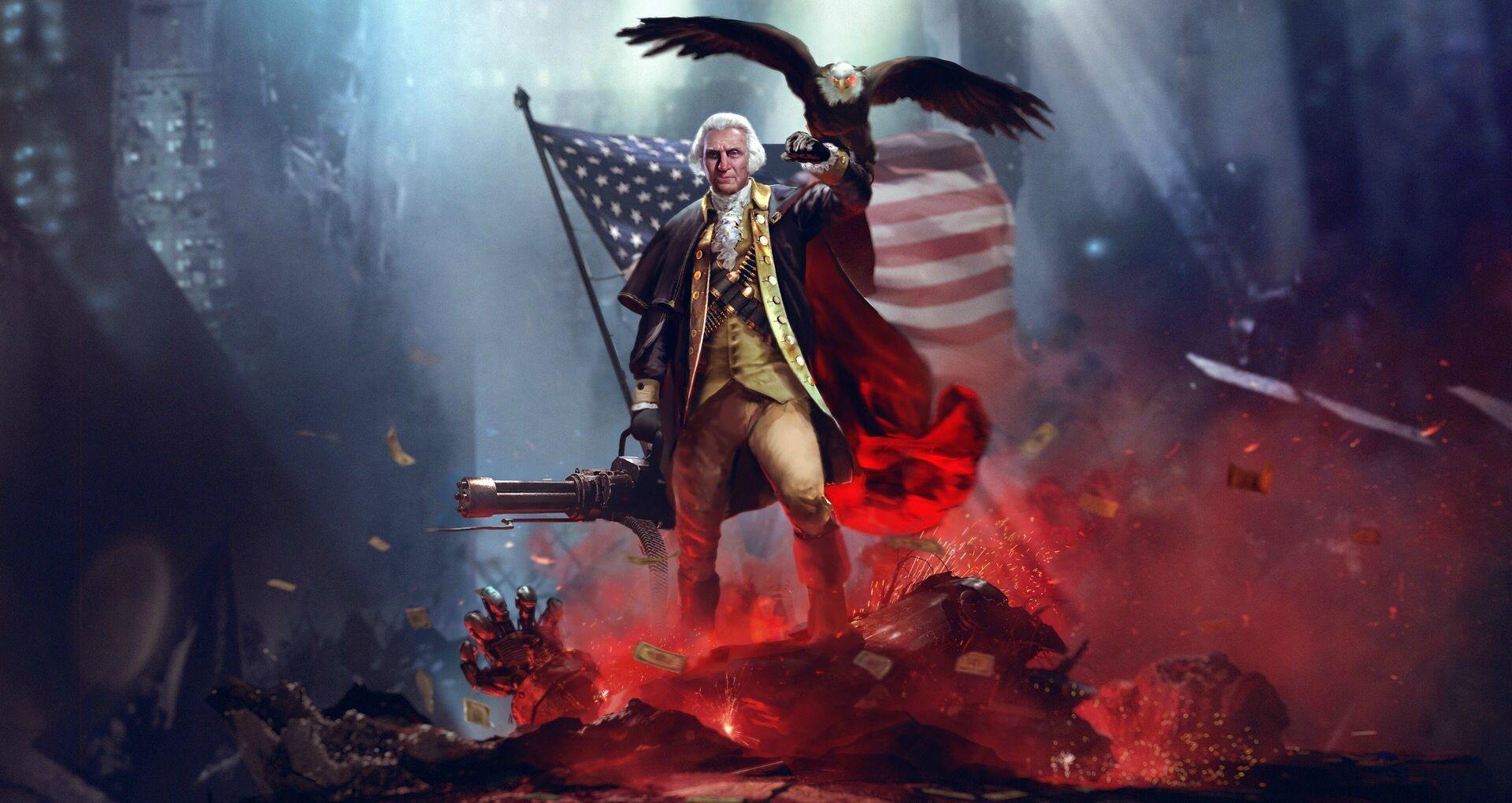 Artistic rendering of George Washington holding eagle and gun