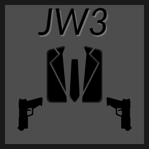 Text that says JW3 and images of two guns and a suit